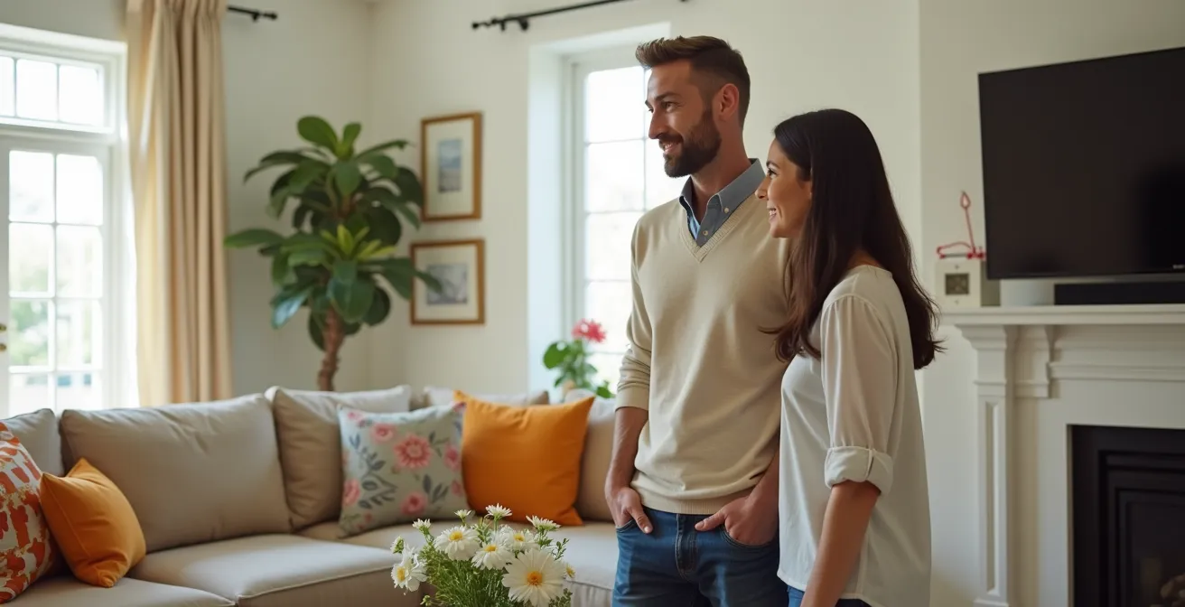 Salón decorado con técnica de home staging mostrando muebles neutros y luz natural abundante