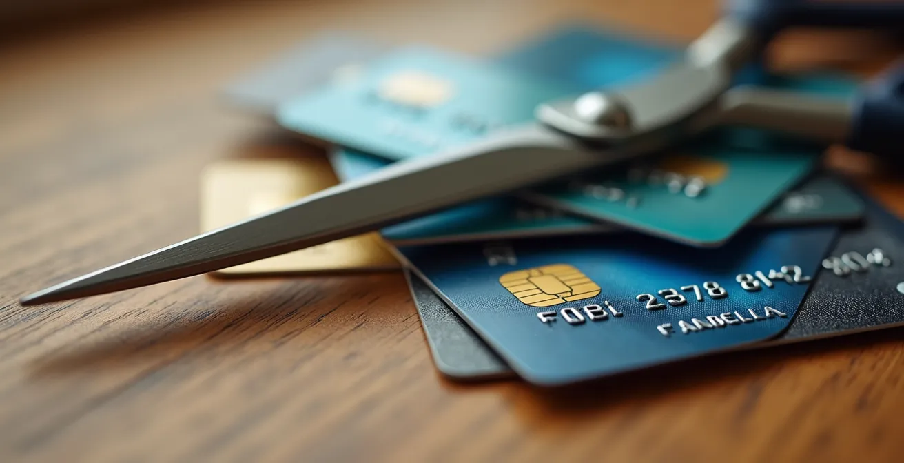 Tarjetas de crédito cortadas con tijeras sobre mesa de madera representando cancelación de deudas