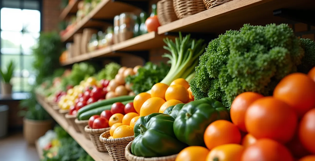 Interior de tienda ecológica moderna con productos frescos y arquitectura industrial renovada