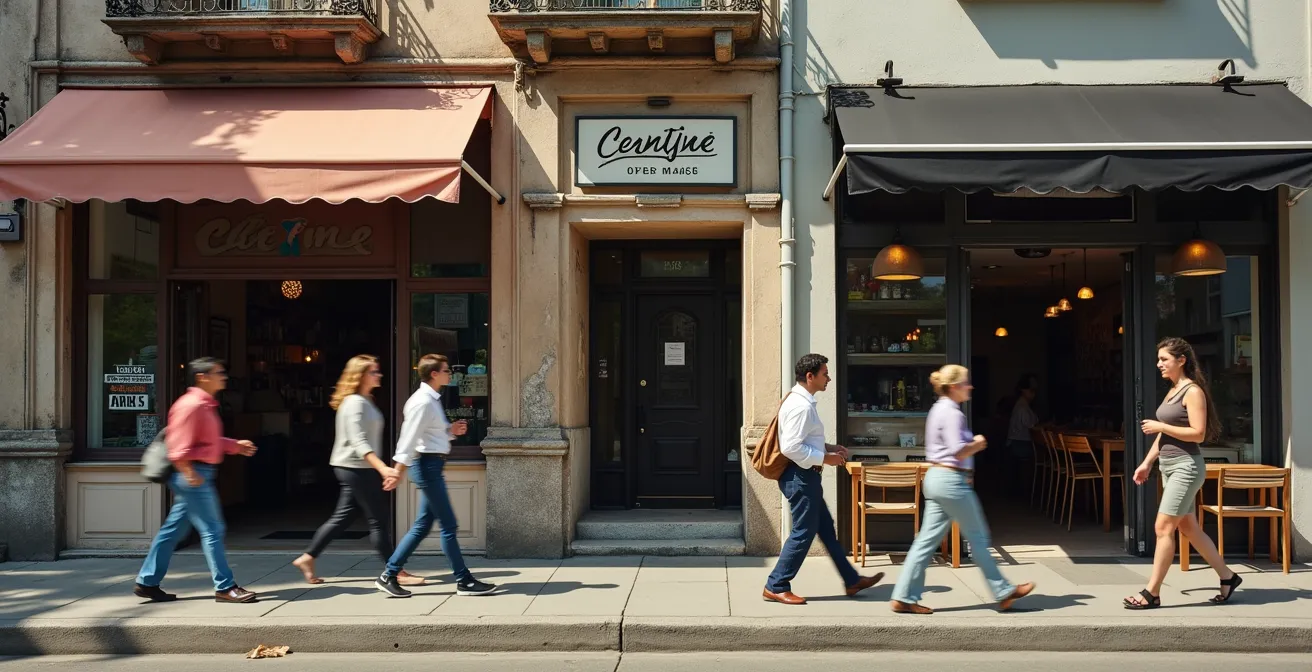 Vista de calle mostrando contraste entre comercio tradicional y nuevos negocios modernos