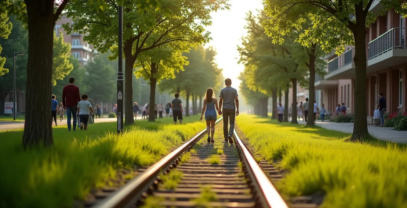 Render arquitectónico de un parque lineal sobre vías de tren soterradas con familias paseando