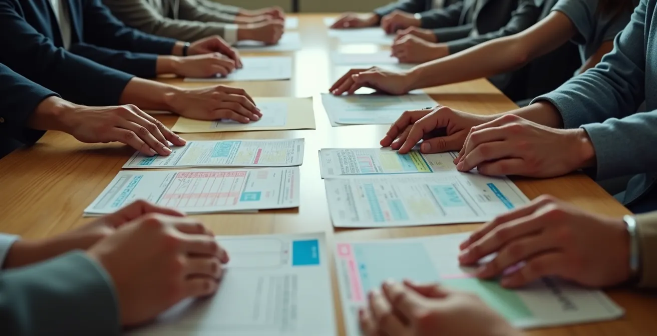 Verificación profesional de documentos de múltiples propietarios en mesa de reuniones