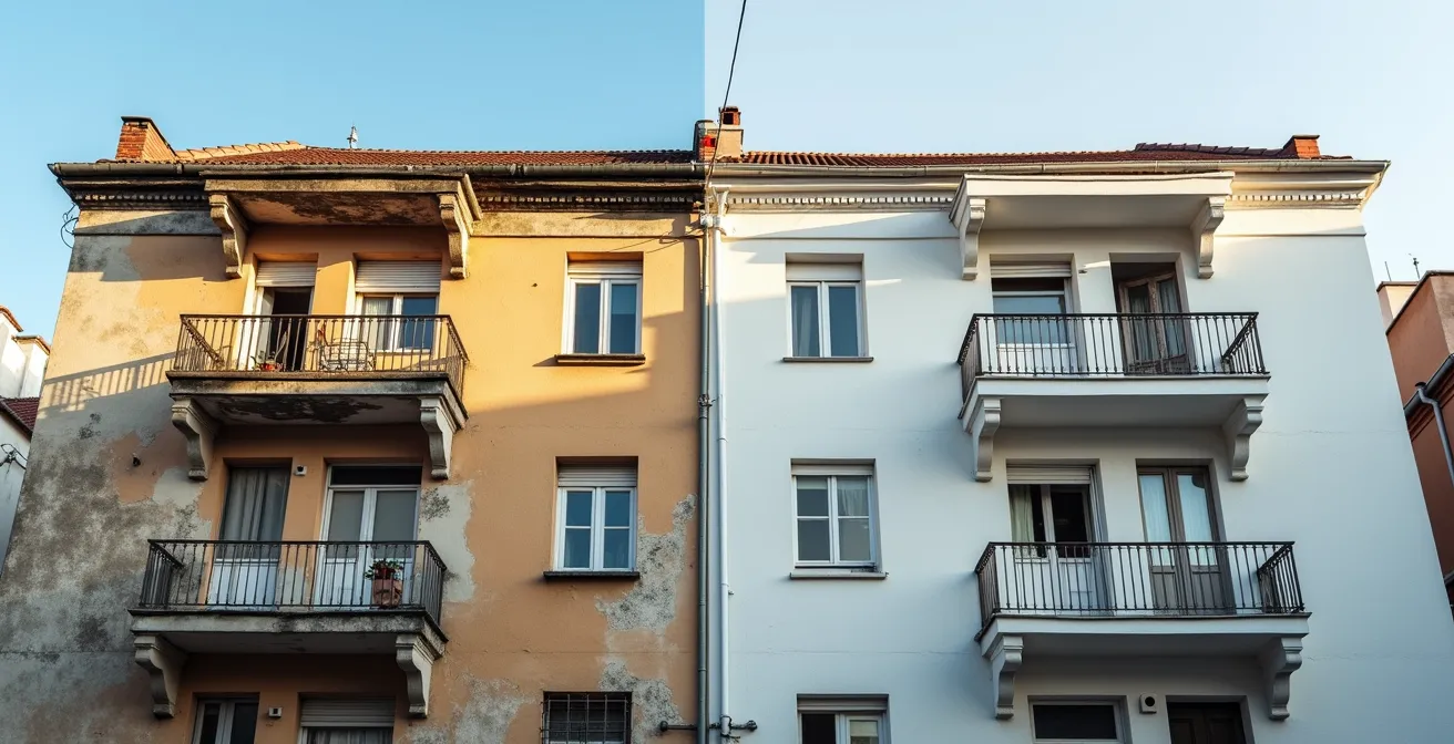 Comparación visual entre una fachada de edificio deteriorada y la misma fachada perfectamente reformada, mostrando la drástica diferencia de valor y estado.