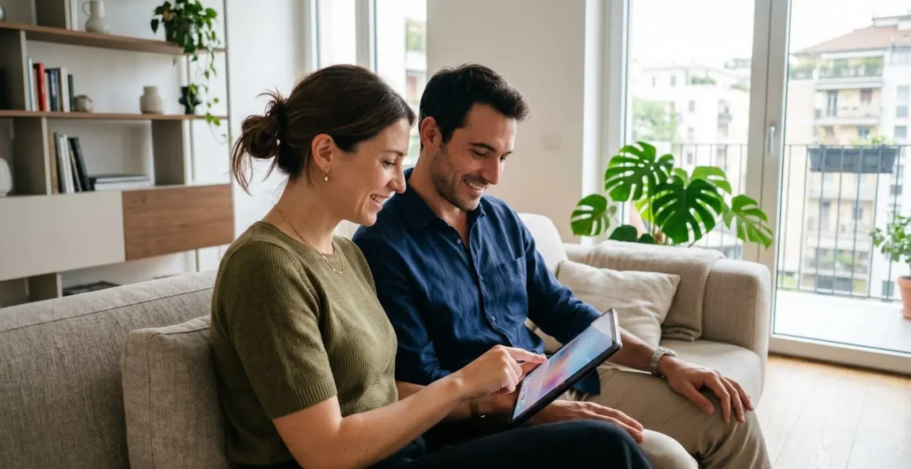 Una coppia italiana di circa 35 anni seduta su un divano moderno consulta insieme un tablet in un appartamento luminoso con ampie finestre