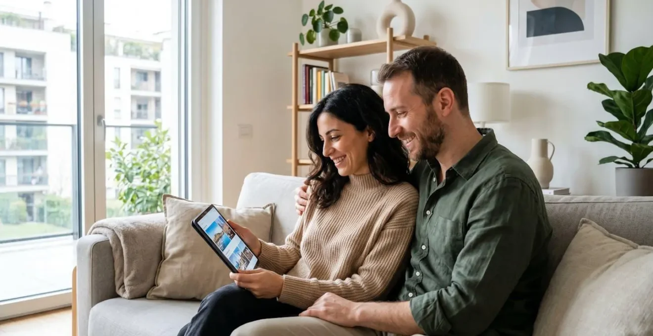 Una coppia italiana di circa 35 anni seduta su un divano moderno consulta insieme un tablet in un appartamento luminoso con ampie finestre