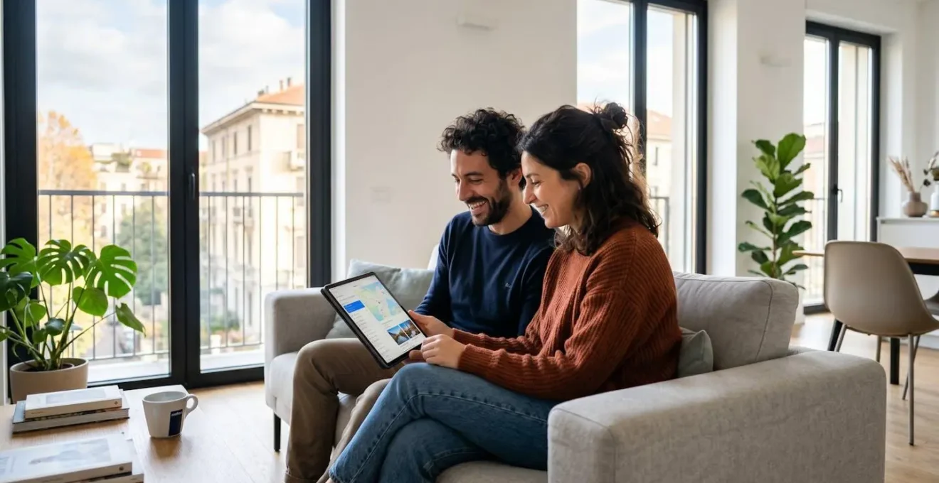 Una coppia italiana di circa 35 anni seduta su un divano moderno consulta insieme un tablet in un appartamento luminoso con ampie finestre
