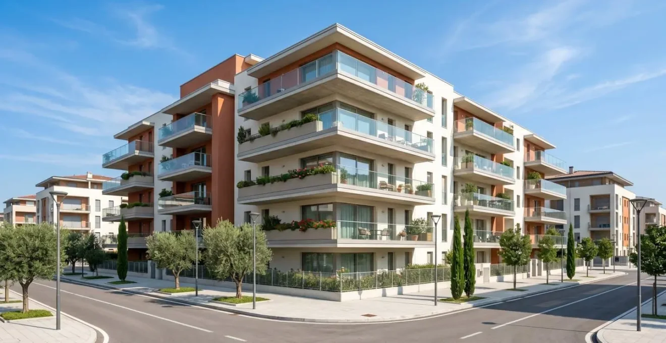 Vista grandangolare della facciata esterna di un edificio residenziale italiano contemporaneo con balconi moderni in una via tranquilla sotto un cielo sereno