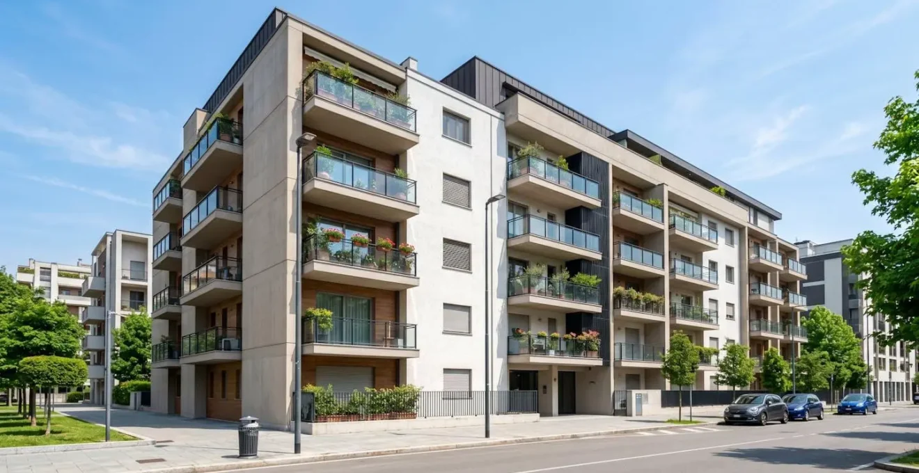 Vista grandangolare della facciata esterna di un edificio residenziale italiano contemporaneo con balconi moderni in una via tranquilla sotto un cielo sereno