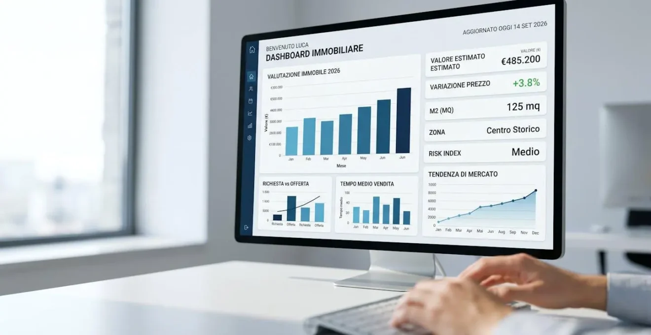 Primo piano ravvicinato di uno schermo di computer che mostra una dashboard con grafici e metriche di valutazione immobiliare, con mani sfocate su tastiera sullo sfondo