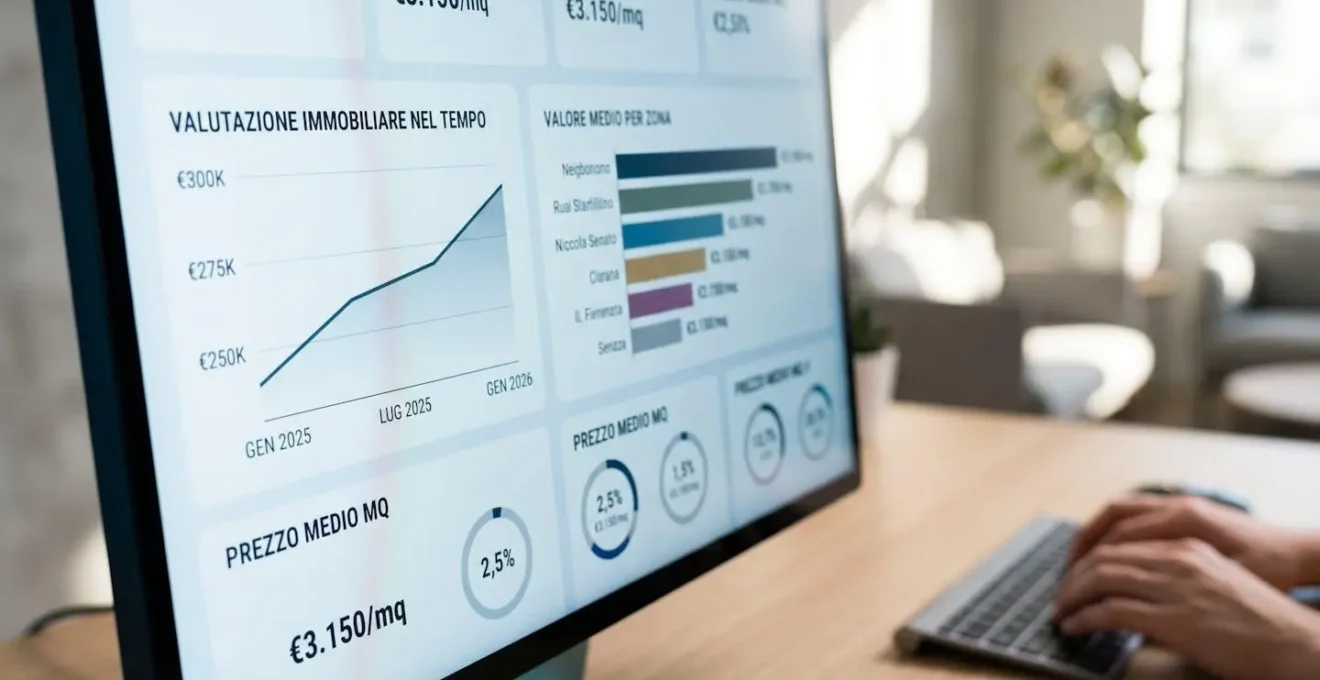 Primo piano ravvicinato di uno schermo di computer che mostra una dashboard con grafici e metriche di valutazione immobiliare, con mani sfocate su tastiera sullo sfondo
