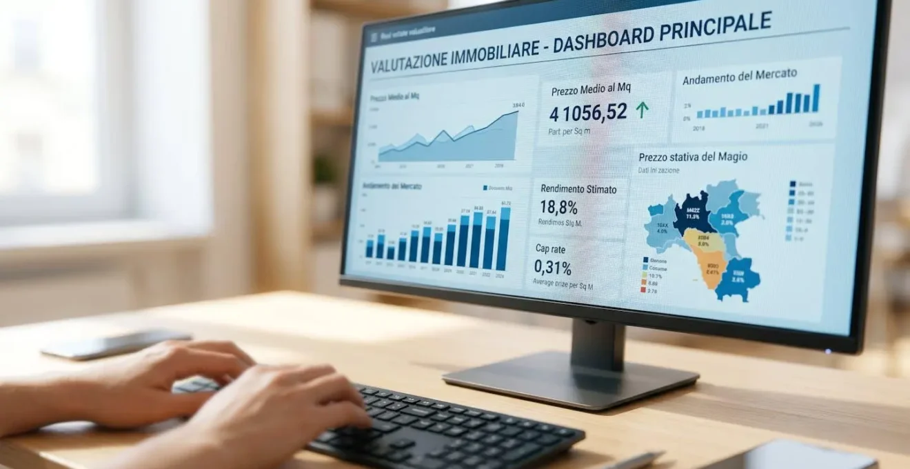 Primo piano ravvicinato di uno schermo di computer che mostra una dashboard con grafici e metriche di valutazione immobiliare, con mani sfocate su tastiera sullo sfondo