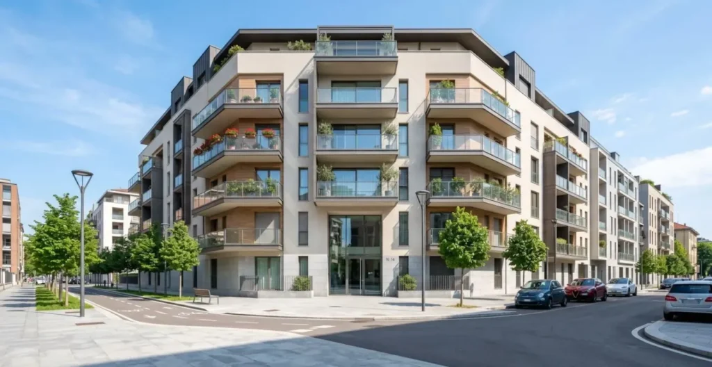 Vista grandangolare della facciata esterna di un edificio residenziale italiano contemporaneo con balconi moderni in una via tranquilla sotto un cielo sereno Vista grandangolare della facciata esterna di un edificio residenziale italiano contemporaneo con balconi moderni in una via tranquilla sotto un cielo sereno